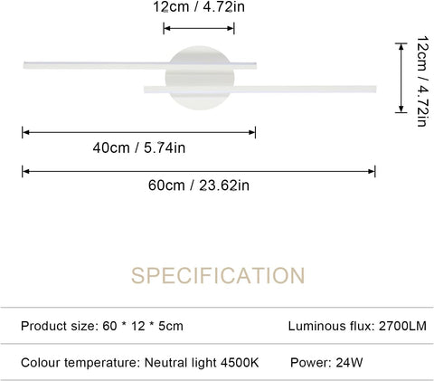 Riserva Modern LED Wall Light, 24W Linear Wall Sconce White, 4500K Neutral Light, Wall Lamp Aluminum for Bedroom, Living Room, Dining Room, Hallway