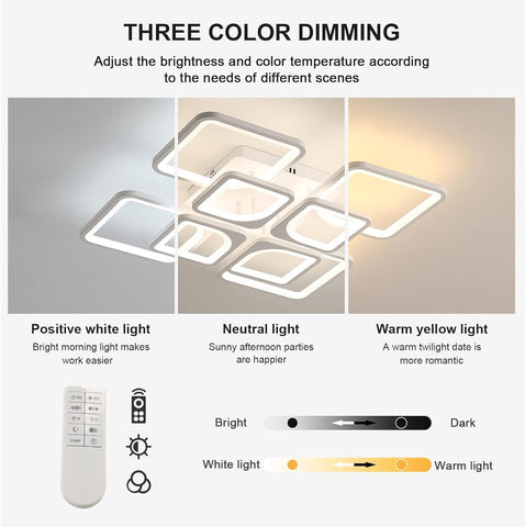 Riserva Dimmable Ceiling Light LED with Remote Control, 80W White Ceiling Lamp Modern, 3000K-6500K, Chandelier Square for Bedroom, Living Room, Dining Room, Kitchen, Office