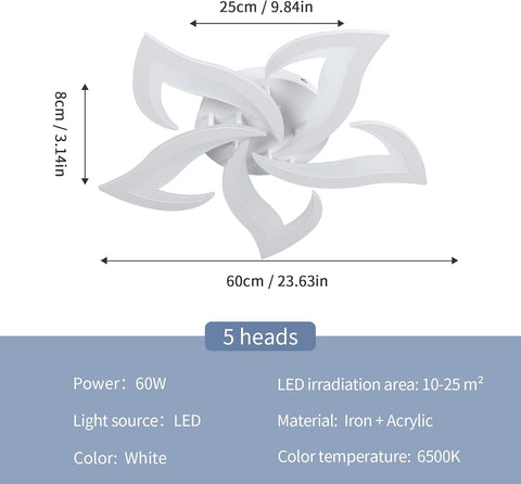 Riserva LED Ceiling Light, 60W Mordern Ceiling Lamp White, 6500K Cool White, Acrylic Petal Design Chandelier for Bedroom, Living Room, Dining Room, Kitchen, Φ60cm