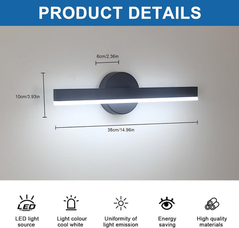 Riserva LED Wall Light Modern, 12W Wall Lamp Indoor, 300° Rotating Wall Sconce Black for Bedroom, Mirror, Living Room, Dining Room, Staircase, 6500K White Light