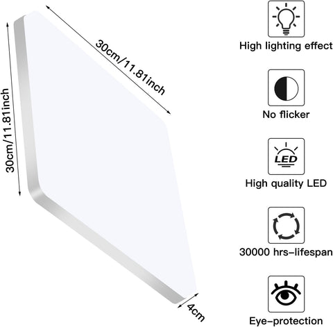Riserva LED Square Ceiling Light 48W,6500K Cool White, LED Ceiling Lamp Modern IP44 for Bathroom, Living Room, Kitchen, Bedroom, Hallway, Balcony, Office, 30CM White