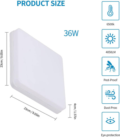 Riserva LED Ceiling Light, 36W Square LED Ceiling Lights Indoor Cool White 6500K, 4050LM Bright Panel Lighting for Bedroom, Kitchen, Hallway, Outside Porch