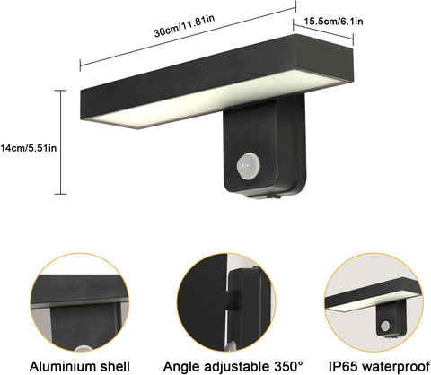Riserva Outdoor Wall Light with Motion Sensor, IP65 350° Rotatable Outdoor Wall Sconce Black for Patio, Terrace, Hallway, Garage, Porch, 3000K Warm Light