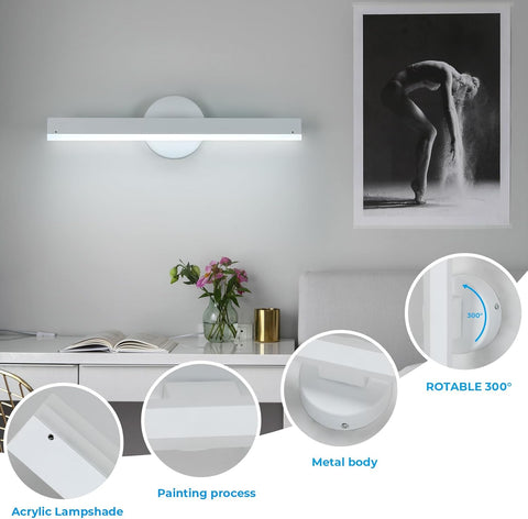 Riserva LED Wall Light, 12W Wall Sconce Modern 300° Rotatable, 3000K Cold Light, Linear Wall Lamp White for Bedroom, Living Room, Study, Mirror, Corridor