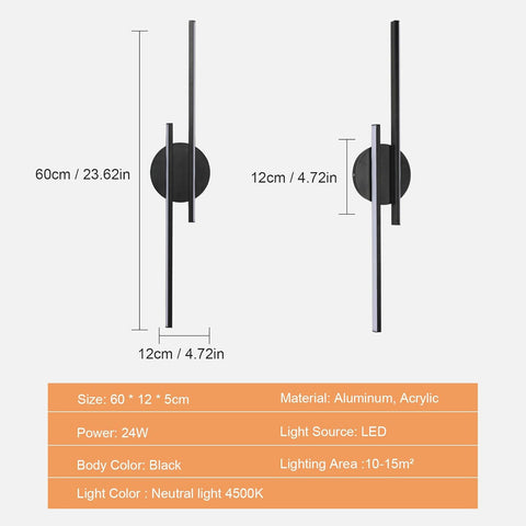 Riserva LED Wall Light 24W, Wall Lamp Modern Black, 4500K Neutral Light, Linear Wall Sconce Aluminum for Bedroom, Living Room, Dining Room, Study, Corridor, Hotel