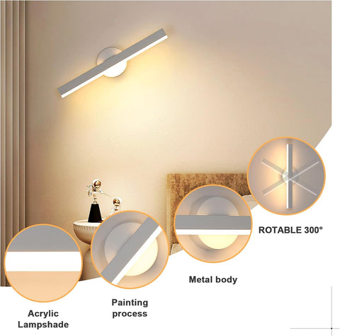 Riserva Wall Lights Indoor, 300° Rotating Modern LED Wall Lamp, 3000K Warm Light, 12W Wall Sconce White for Bedroom, Living Room, Mirror, Corridor, Staircase, Balcony