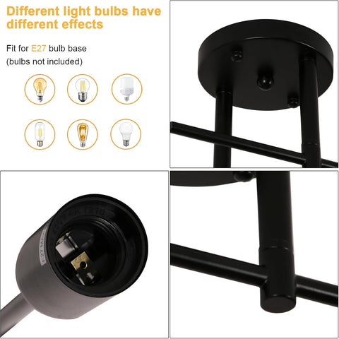 Riserva Modern Ceiling Lamp, E27 Sputnik Ceiling Light Adjustable Semi-Flush Mount, 2-Light Chandelier Black for Living Room, Hallway, Bedroom, Dining Room, Café, Hotel