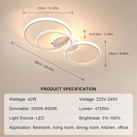 Riserva Dimmable Ceiling Light LED, 42W Ceiling Lamp Modern Round, 3000K-6500K, Chandelier White Decorative for Bedroom, Living Room, Dining Room, Kitchen, Hotel
