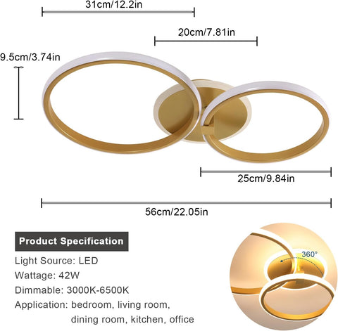 Riserva Dimmable LED Ceiling Light with Remote Control, 42W Modern Round LED Chandelier, 3000K-6500K, Gold LED Ceiling Lights for Bedroom, Living Room, Dining Room, Hallway, Hotel