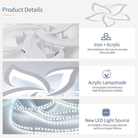 Riserva LED Ceiling Light, 60W Mordern Ceiling Lamp White, 6500K Cool White, Acrylic Petal Design Chandelier for Bedroom, Living Room, Dining Room, Kitchen, Φ60cm