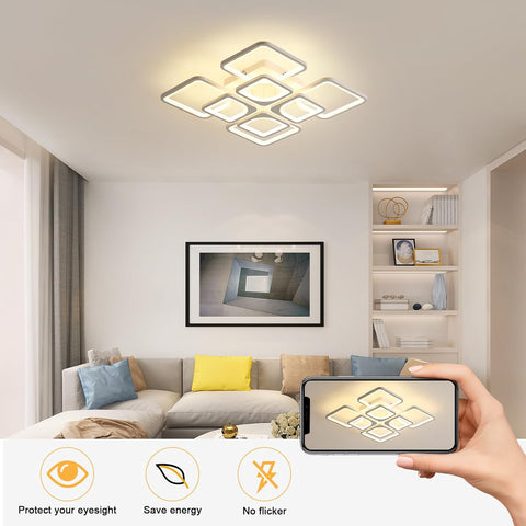 Riserva Dimmable Ceiling Light LED with Remote Control, 80W White Ceiling Lamp Modern, 3000K-6500K, Chandelier Square for Bedroom, Living Room, Dining Room, Kitchen, Office