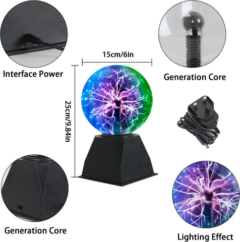 Riserva Plasma Ball 6 Inches, Magic Plasma Ball Three Colors with Touch and Sound Sensitive, Globe Plasma Lamp Science for Gift, Bedroom, Party