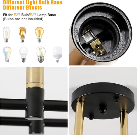 Riserva Chandelier Industrial, E27 Semi-Flush Mount Ceiling Lamp, Black Modern Sputnik Ceiling Light for Living Room, Bedroom, Kitchen, Dining Room, Hallway