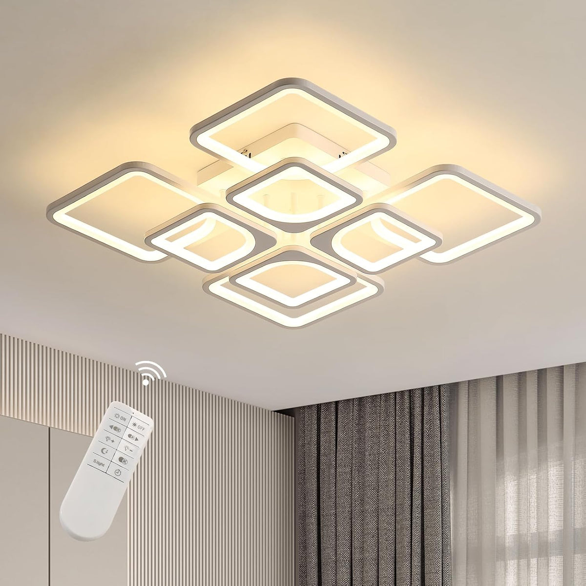 Riserva Dimmable Ceiling Light LED with Remote Control, 80W White Ceiling Lamp Modern, 3000K-6500K, Chandelier Square for Bedroom, Living Room, Dining Room, Kitchen, Office