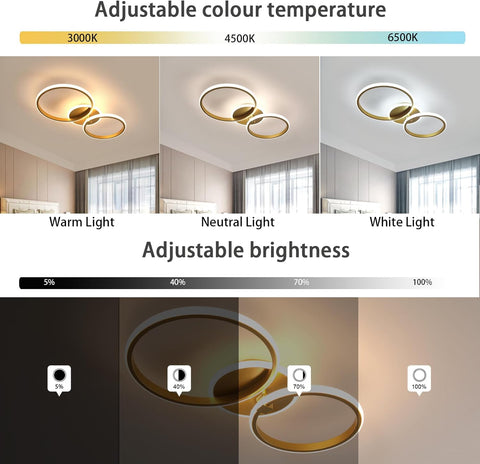 Riserva Dimmable LED Ceiling Light with Remote Control, 42W Modern Round LED Chandelier, 3000K-6500K, Gold LED Ceiling Lights for Bedroom, Living Room, Dining Room, Hallway, Hotel